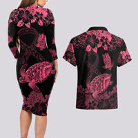 Personalised Polynesian Turtle Ribbon Couples Matching Long Sleeve Bodycon Dress and Hawaiian Shirt Think Pink Breast Cancer With Pacific Hibiscus LT9 - Wonder Print Shop