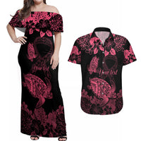 Personalised Polynesian Turtle Ribbon Couples Matching Off Shoulder Maxi Dress and Hawaiian Shirt Think Pink Breast Cancer With Pacific Hibiscus LT9 - Wonder Print Shop