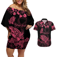 Personalised Polynesian Turtle Ribbon Couples Matching Off Shoulder Short Dress and Hawaiian Shirt Think Pink Breast Cancer With Pacific Hibiscus LT9 - Wonder Print Shop