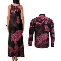 Personalised Polynesian Turtle Ribbon Couples Matching Tank Maxi Dress and Long Sleeve Button Shirts Think Pink Breast Cancer With Pacific Hibiscus LT9 - Wonder Print Shop