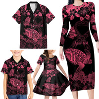 Personalised Polynesian Turtle Ribbon Family Matching Long Sleeve Bodycon Dress and Hawaiian Shirt Think Pink Breast Cancer With Pacific Hibiscus LT9 - Wonder Print Shop