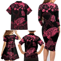 Personalised Polynesian Turtle Ribbon Family Matching Long Sleeve Bodycon Dress and Hawaiian Shirt Think Pink Breast Cancer With Pacific Hibiscus LT9 - Wonder Print Shop