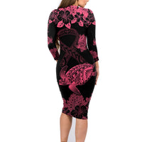 Personalised Polynesian Turtle Ribbon Family Matching Long Sleeve Bodycon Dress and Hawaiian Shirt Think Pink Breast Cancer With Pacific Hibiscus LT9 - Wonder Print Shop