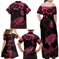 Personalised Polynesian Turtle Ribbon Family Matching Off Shoulder Long Sleeve Dress and Hawaiian Shirt Think Pink Breast Cancer With Pacific Hibiscus - Wonder Print Shop