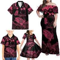 Personalised Polynesian Turtle Ribbon Family Matching Off Shoulder Maxi Dress and Hawaiian Shirt Think Pink Breast Cancer With Pacific Hibiscus LT9 - Wonder Print Shop