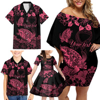 Personalised Polynesian Turtle Ribbon Family Matching Off Shoulder Short Dress and Hawaiian Shirt Think Pink Breast Cancer With Pacific Hibiscus LT9 - Wonder Print Shop