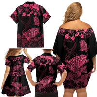 Personalised Polynesian Turtle Ribbon Family Matching Off Shoulder Short Dress and Hawaiian Shirt Think Pink Breast Cancer With Pacific Hibiscus LT9 - Wonder Print Shop