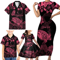 Personalised Polynesian Turtle Ribbon Family Matching Short Sleeve Bodycon Dress and Hawaiian Shirt Think Pink Breast Cancer With Pacific Hibiscus - Wonder Print Shop