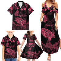 Personalised Polynesian Turtle Ribbon Family Matching Summer Maxi Dress and Hawaiian Shirt Think Pink Breast Cancer With Pacific Hibiscus - Wonder Print Shop