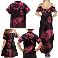 Personalised Polynesian Turtle Ribbon Family Matching Summer Maxi Dress and Hawaiian Shirt Think Pink Breast Cancer With Pacific Hibiscus - Wonder Print Shop
