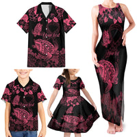 Personalised Polynesian Turtle Ribbon Family Matching Tank Maxi Dress and Hawaiian Shirt Think Pink Breast Cancer With Pacific Hibiscus - Wonder Print Shop