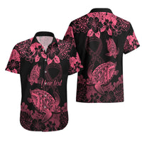 Pink and black Hawaiian shirt with front and back views, turtle and ribbon, your text