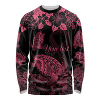 Personalised Polynesian Turtle Ribbon Long Sleeve Shirt Think Pink Breast Cancer With Pacific Hibiscus - Wonder Print Shop