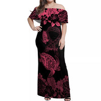 Personalised Polynesian Turtle Ribbon Off Shoulder Maxi Dress Think Pink Breast Cancer With Pacific Hibiscus - Wonder Print Shop
