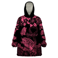 Personalised Polynesian Turtle Ribbon Wearable Blanket Hoodie Think Pink Breast Cancer With Pacific Hibiscus - Wonder Print Shop