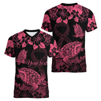 Personalised Polynesian Turtle Ribbon Women V Neck T Shirt Think Pink Breast Cancer With Pacific Hibiscus - Wonder Print Shop