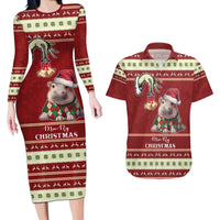 Moo Deng Moo-Ry Christmas Couples Matching Long Sleeve Bodycon Dress and Hawaiian Shirt Santa Baby Pygmy Hippo LT9 - Wonder Print Shop
