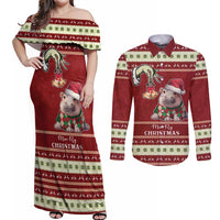 Moo Deng Moo-Ry Christmas Couples Matching Off Shoulder Maxi Dress and Long Sleeve Button Shirt Santa Baby Pygmy Hippo LT9 - Wonder Print Shop