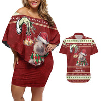 Moo Deng Moo-Ry Christmas Couples Matching Off Shoulder Short Dress and Hawaiian Shirt Santa Baby Pygmy Hippo LT9 - Wonder Print Shop