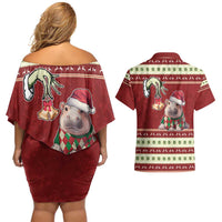 Moo Deng Moo-Ry Christmas Couples Matching Off Shoulder Short Dress and Hawaiian Shirt Santa Baby Pygmy Hippo LT9 - Wonder Print Shop