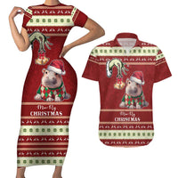Moo Deng Moo-Ry Christmas Couples Matching Short Sleeve Bodycon Dress and Hawaiian Shirt Santa Baby Pygmy Hippo LT9 - Wonder Print Shop