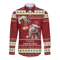 Moo Deng Moo-Ry Christmas Long Sleeve Button Shirt Santa Baby Pygmy Hippo - Wonder Print Shop
