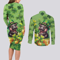Leprechaun Moo Deng St Patricks Day Couples Matching Long Sleeve Bodycon Dress and Long Sleeve Button Shirt LT9 - Wonder Print Shop