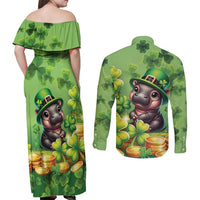 Leprechaun Moo Deng St Patricks Day Couples Matching Off Shoulder Maxi Dress and Long Sleeve Button Shirt LT9 - Wonder Print Shop