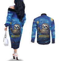 Sloth Life Is The Best Life Couples Matching Off The Shoulder Long Sleeve Dress and Long Sleeve Button Shirt with Starry Night Sky