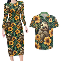 Sloth with Flowers Seamless Style Couples Matching Long Sleeve Bodycon Dress and Hawaiian Shirt LT9 - Wonder Print Shop