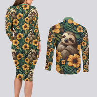 Sloth with Flowers Seamless Style Couples Matching Long Sleeve Bodycon Dress and Long Sleeve Button Shirt LT9 - Wonder Print Shop