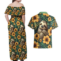 Sloth with Flowers Seamless Style Couples Matching Off Shoulder Maxi Dress and Hawaiian Shirt LT9 - Wonder Print Shop