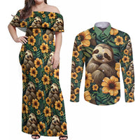 Sloth with Flowers Seamless Style Couples Matching Off Shoulder Maxi Dress and Long Sleeve Button Shirt LT9 - Wonder Print Shop