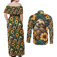 Sloth with Flowers Seamless Style Couples Matching Off Shoulder Maxi Dress and Long Sleeve Button Shirt LT9 - Wonder Print Shop