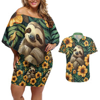 Sloth with Flowers Seamless Style Couples Matching Off Shoulder Short Dress and Hawaiian Shirt LT9 - Wonder Print Shop