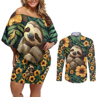 Sloth with Flowers Seamless Style Couples Matching Off Shoulder Short Dress and Long Sleeve Button Shirt LT9 - Wonder Print Shop