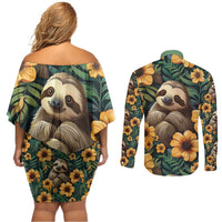 Sloth with Flowers Seamless Style Couples Matching Off Shoulder Short Dress and Long Sleeve Button Shirt LT9 - Wonder Print Shop
