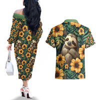 Sloth with Flowers Seamless Style Couples Matching Off The Shoulder Long Sleeve Dress and Hawaiian Shirt LT9 - Wonder Print Shop