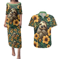 Sloth with Flowers Seamless Style Couples Matching Puletasi and Hawaiian Shirt LT9 - Wonder Print Shop