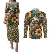 Sloth with Flowers Seamless Style Couples Matching Puletasi and Long Sleeve Button Shirt LT9 - Wonder Print Shop