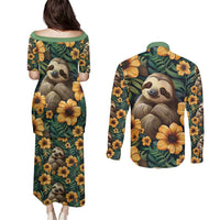 Sloth with Flowers Seamless Style Couples Matching Puletasi and Long Sleeve Button Shirt LT9 - Wonder Print Shop