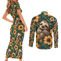 Sloth with Flowers Seamless Style Couples Matching Short Sleeve Bodycon Dress and Long Sleeve Button Shirt LT9 - Wonder Print Shop