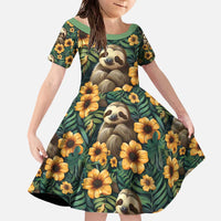 Sloth with Flowers Seamless Style Family Matching Off The Shoulder Long Sleeve Dress and Hawaiian Shirt - Wonder Print Shop