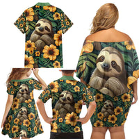Sloth with Flowers Seamless Style Family Matching Off Shoulder Short Dress and Hawaiian Shirt LT9 - Wonder Print Shop