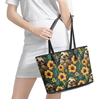 Sloth with Flowers Seamless Style Leather Tote Bag - Wonder Print Shop