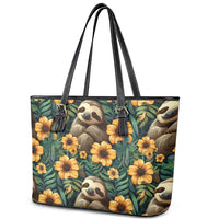 Sloth with Flowers Seamless Style Leather Tote Bag - Wonder Print Shop
