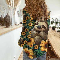 Sloth with Flowers Seamless Style Women Casual Shirt - Wonder Print Shop