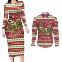 Sloth And Snail Riding A Turtle Wheeee Couples Matching Long Sleeve Bodycon Dress and Long Sleeve Button Shirt Slow Down It's Christmas LT9 - Wonder Print Shop