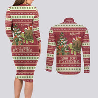 Sloth And Snail Riding A Turtle Wheeee Couples Matching Long Sleeve Bodycon Dress and Long Sleeve Button Shirt Slow Down It's Christmas LT9 - Wonder Print Shop