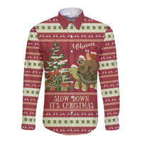 Sloth And Snail Riding A Turtle Wheeee Long Sleeve Button Shirt Slow Down It's Christmas - Wonder Print Shop